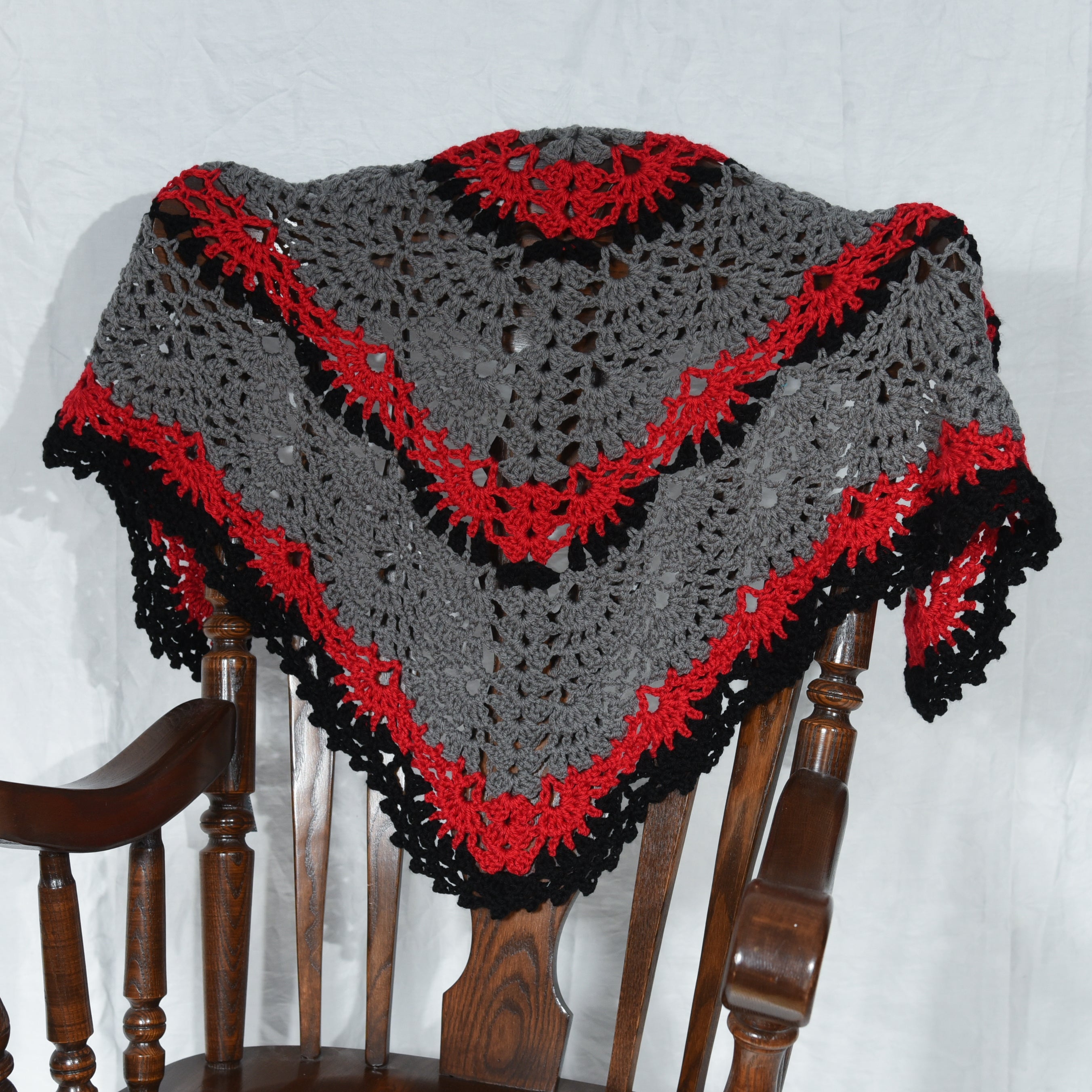 Red, Black, and Grey Scalloped Shawl
