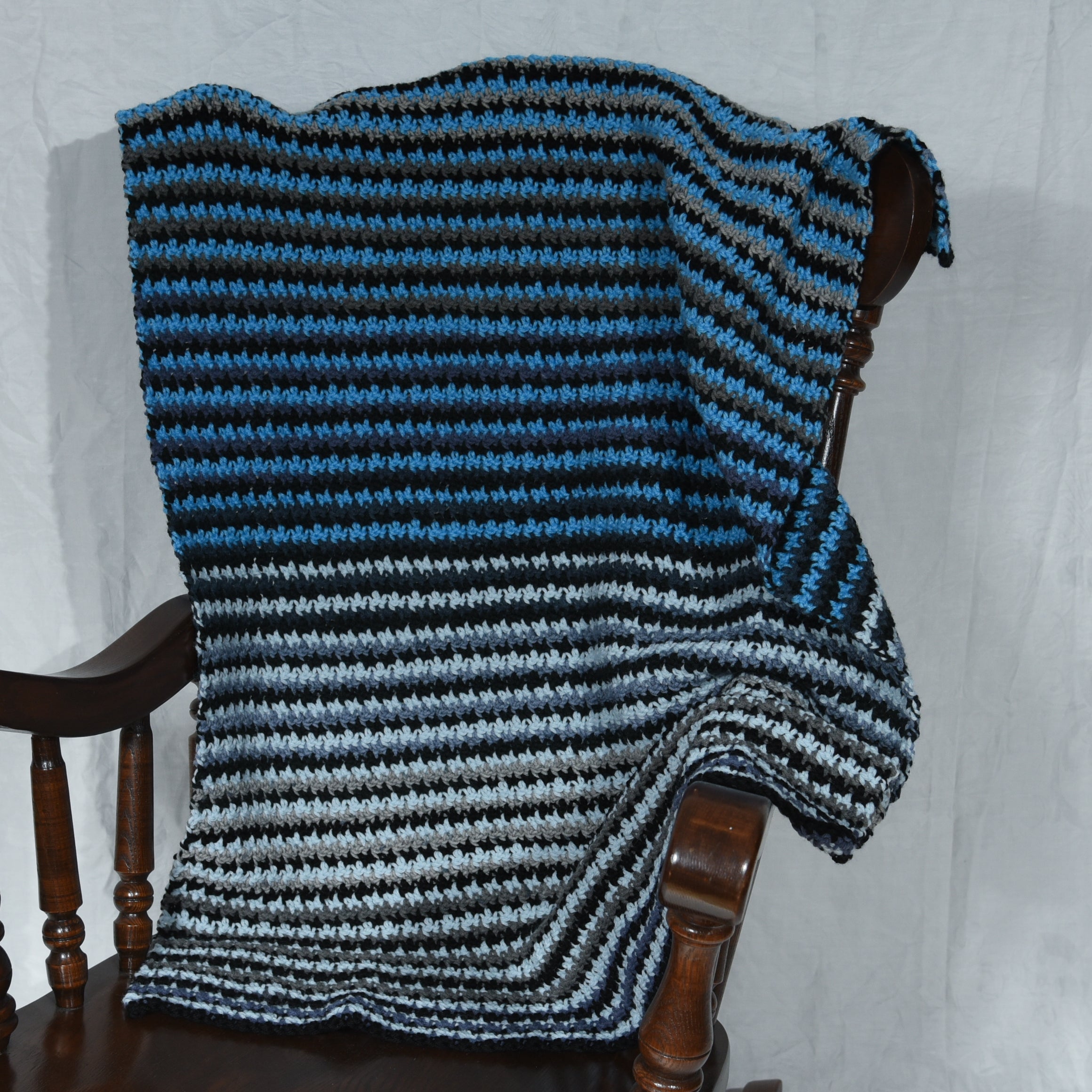 Blue and Black Striped Small Crochet Blanket