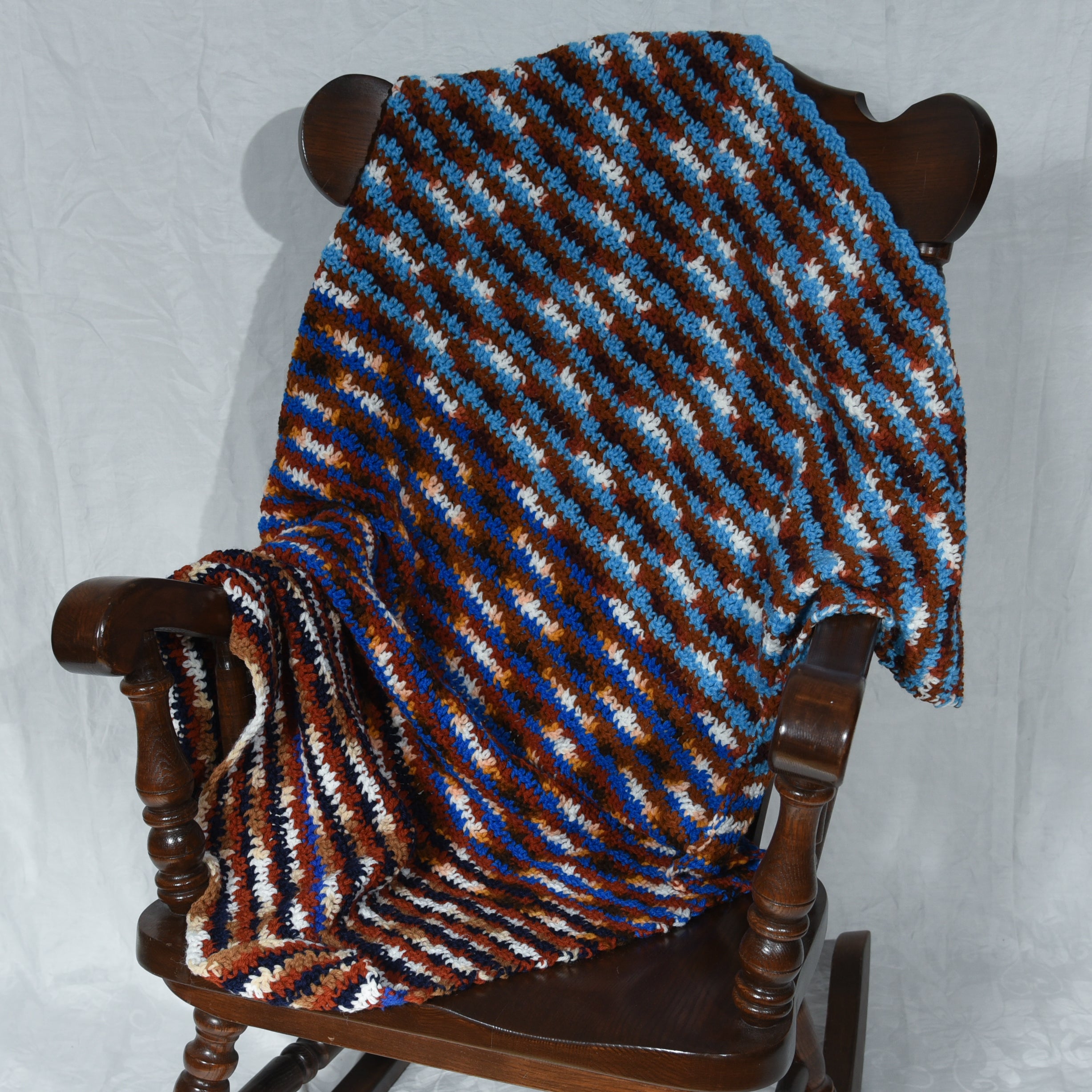 Blue and Brown Multicolored Striped Crochet Blanket