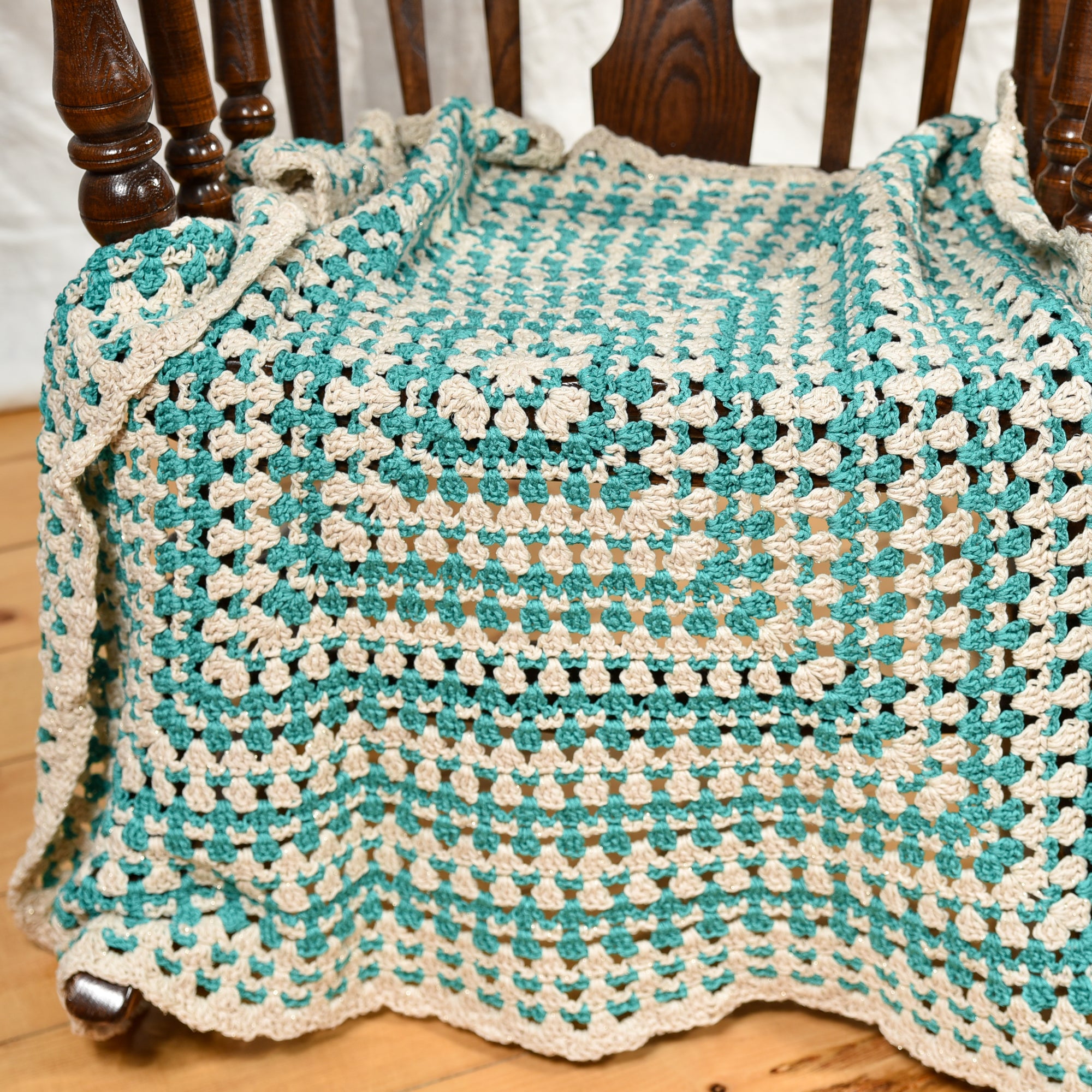 Upcycled Metallic Cream & Teal Granny Square Blanket