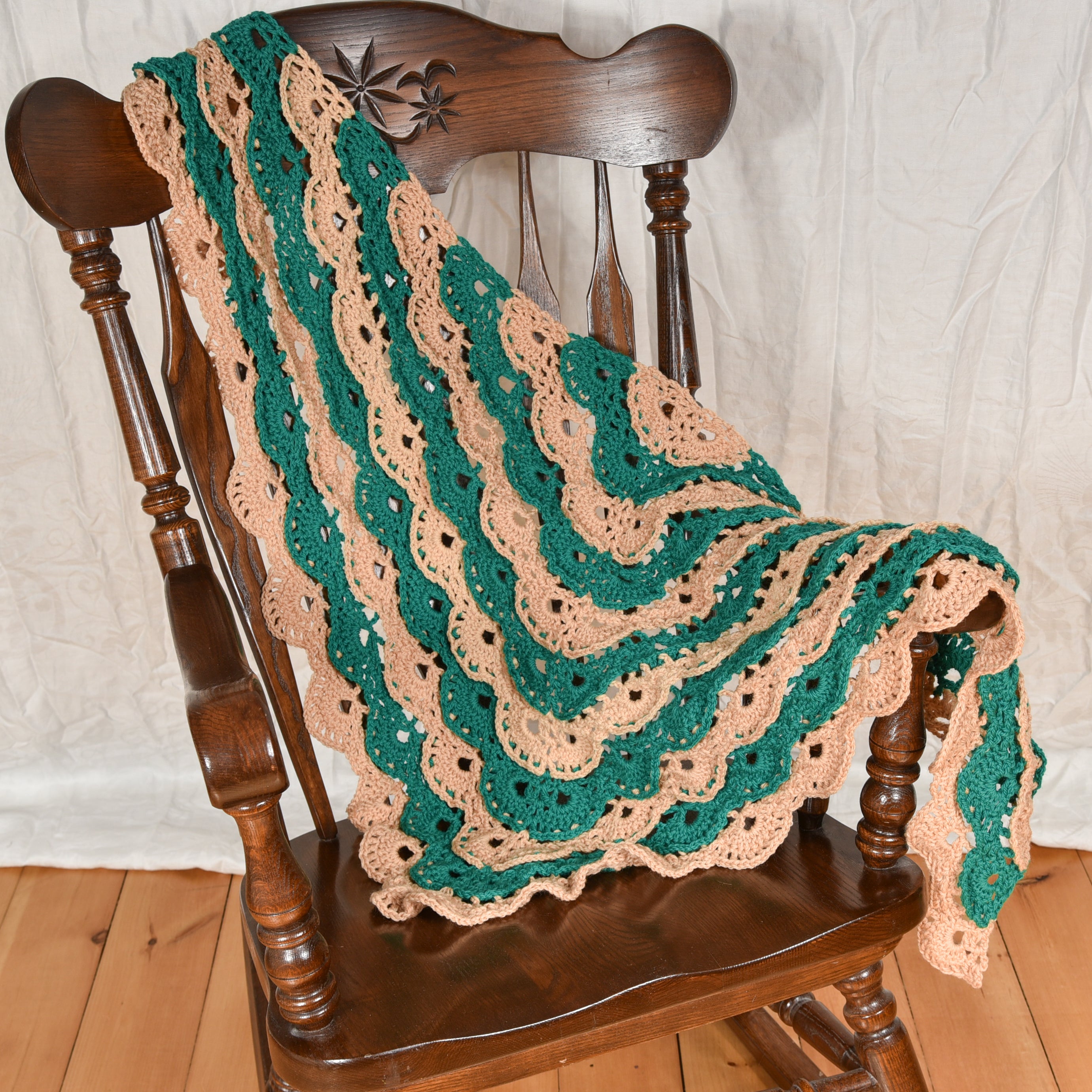 Wool Tan and Green Striped Scalloped Shawl