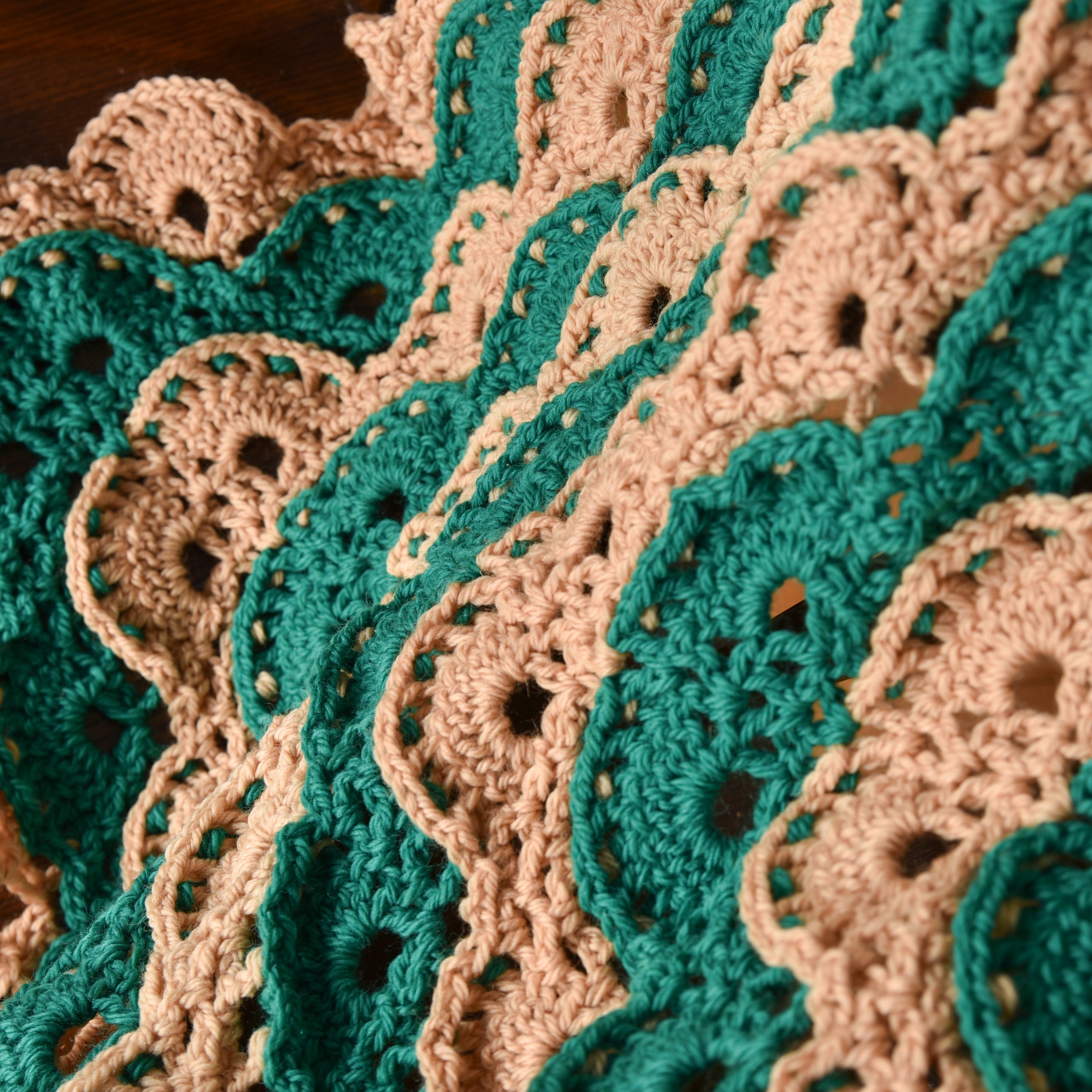 Wool Tan and Green Striped Scalloped Shawl