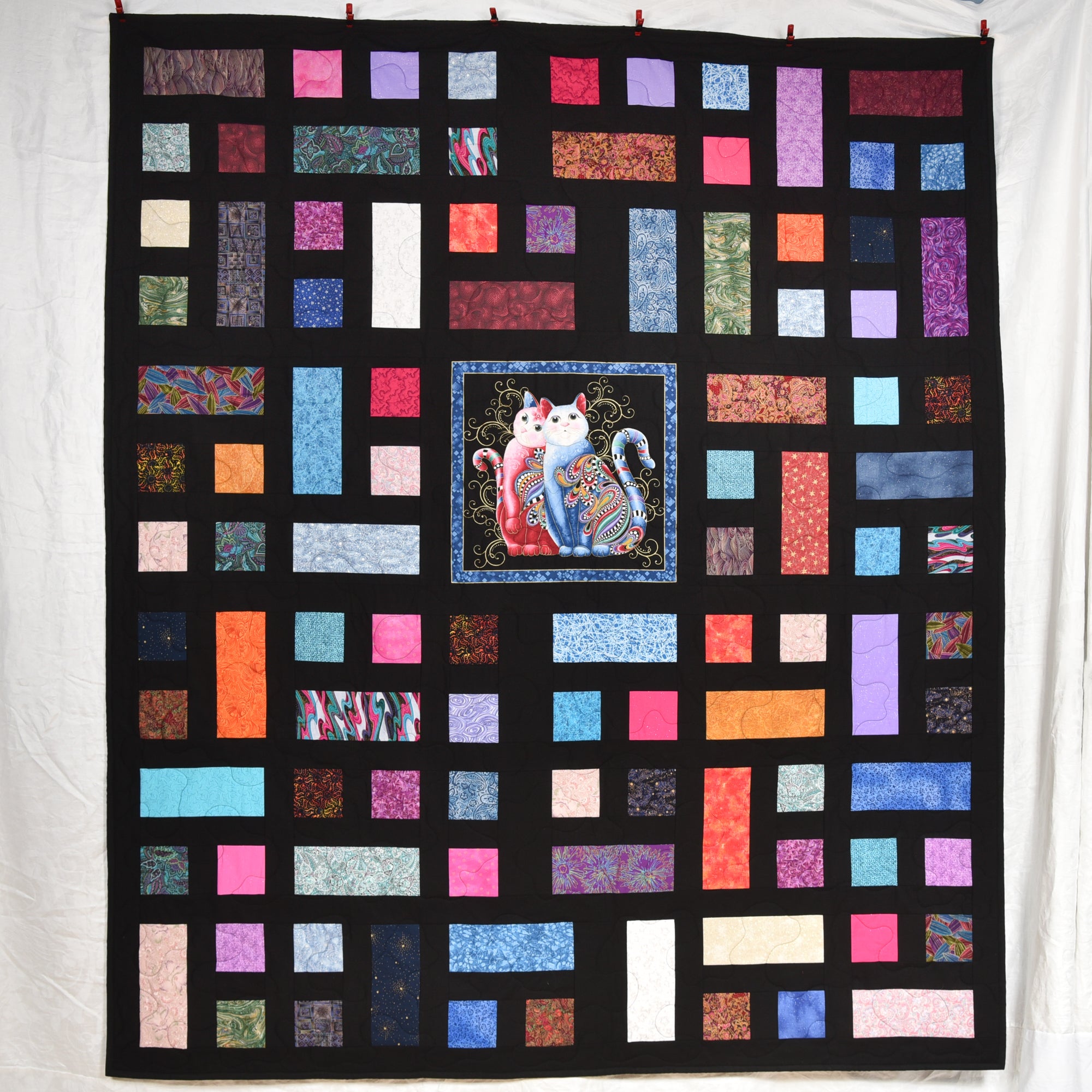Colorful Happy Cat Couple Bed Size Quilt