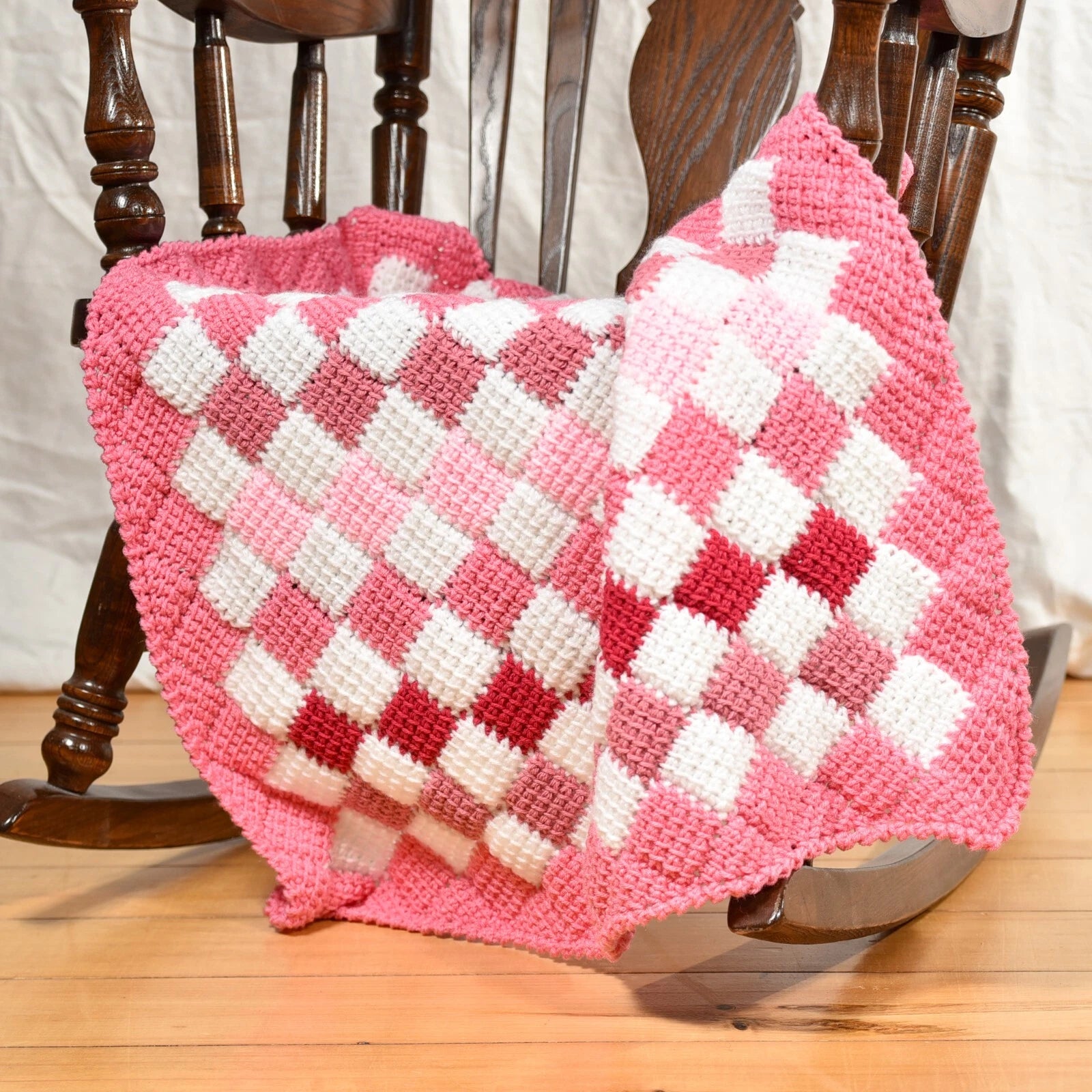 Baby Pink Checkerboard Crochet Blanket