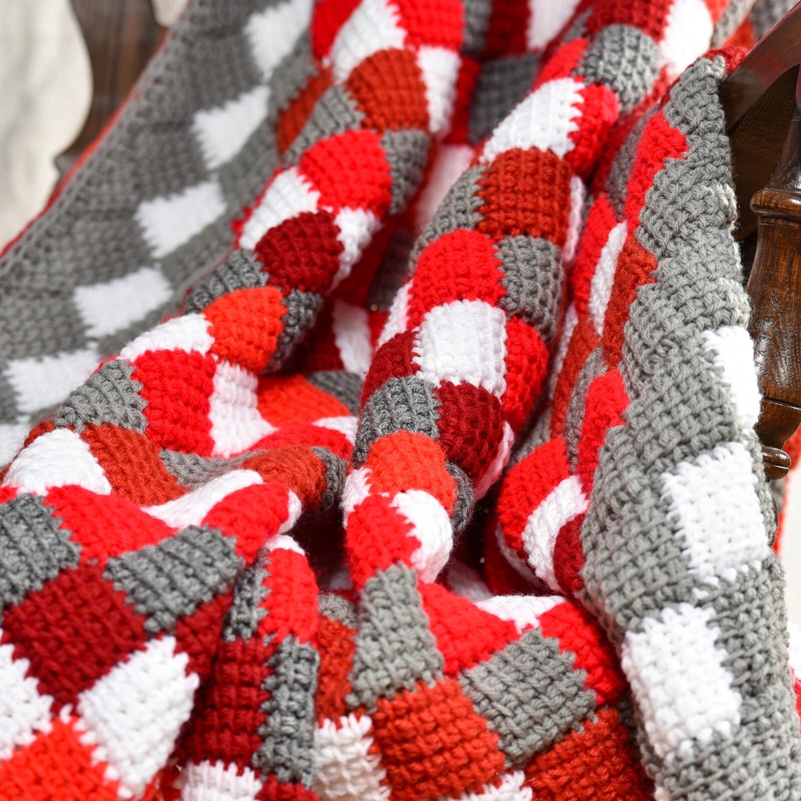 Charcoal Cherry Patch Checkerboard Striped Crochet Throw