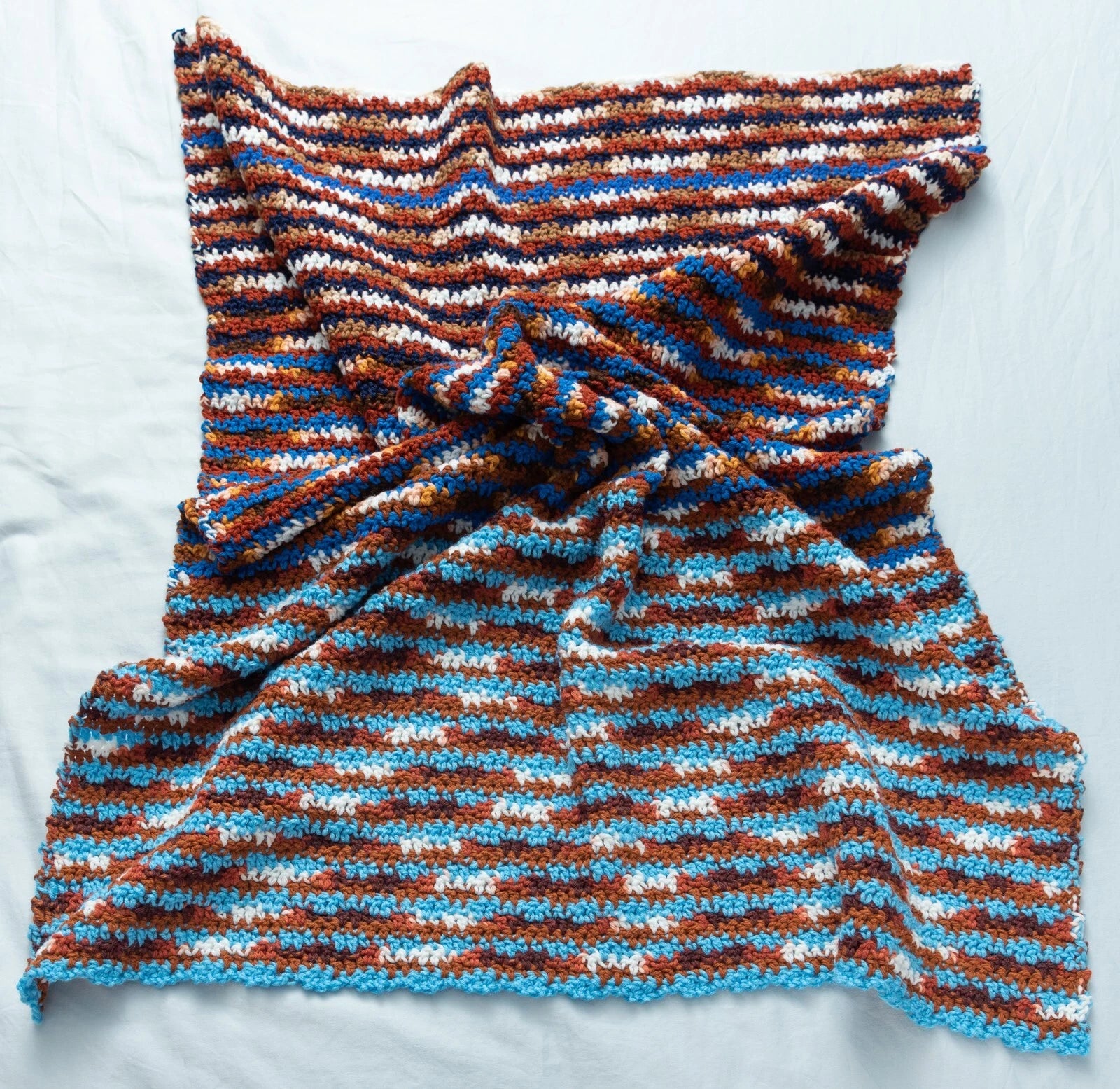 Blue and Brown Multicolored Striped Crochet Blanket